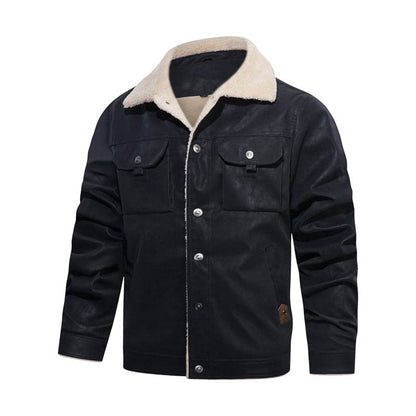 Men's Jacket - Sherpa Lined - Button Closure - Classic Collar - Casual & Warm