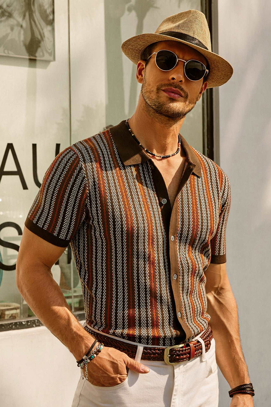 Men's Shirt - Button Closure - Short Sleeves - Retro Striped - Light and Breathable