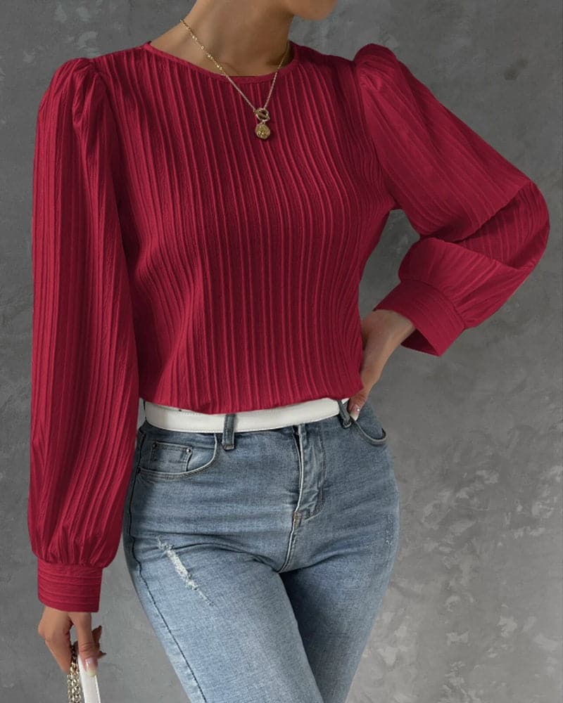 Women's Blouse - Long Sleeved with Puff Sleeves - Textured Pleated Design - Round Neck