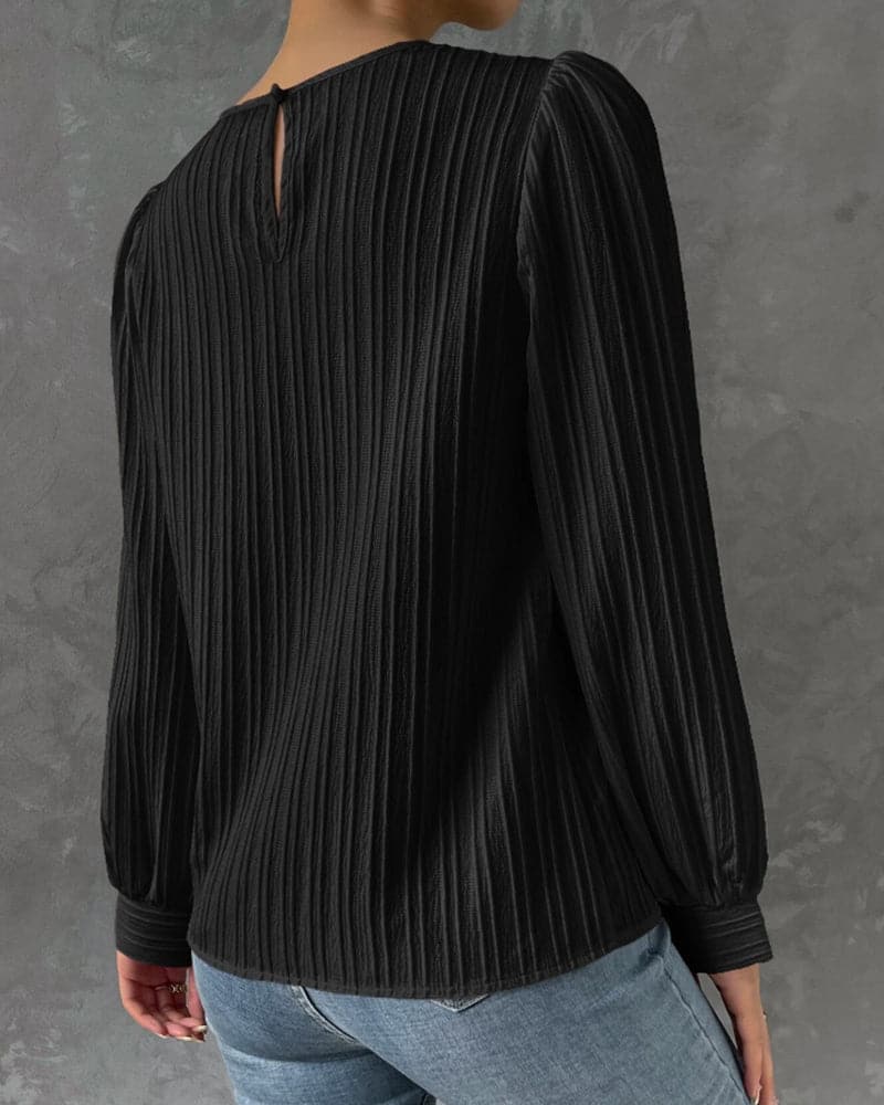 Women's Blouse - Long Sleeved with Puff Sleeves - Textured Pleated Design - Round Neck