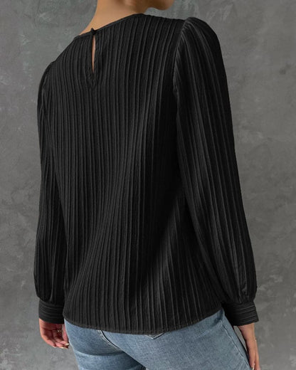 Women's Blouse - Long Sleeved with Puff Sleeves - Textured Pleated Design - Round Neck