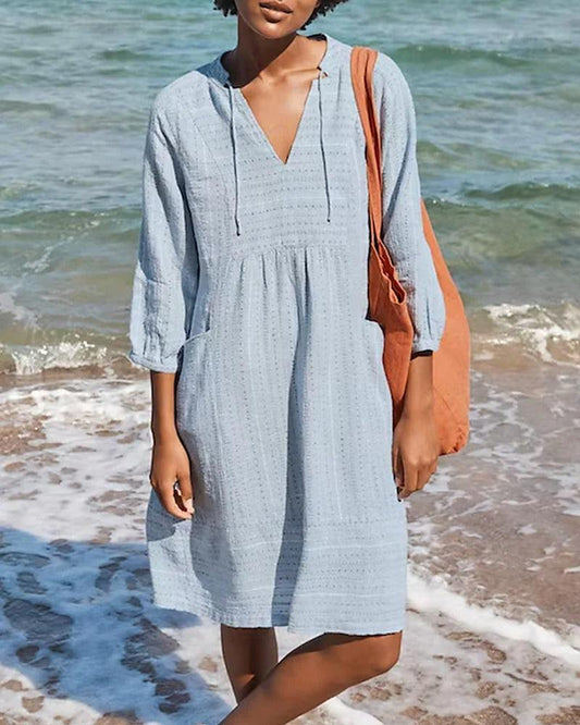 Women's Dress - Light and Breathable - Loose Fit - 3/4 Sleeves - V-neck with Tie