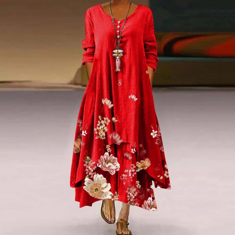 Women's Maxi Dress - Loose Fit - V-Neck with Buttons - Floral Lightweight Design