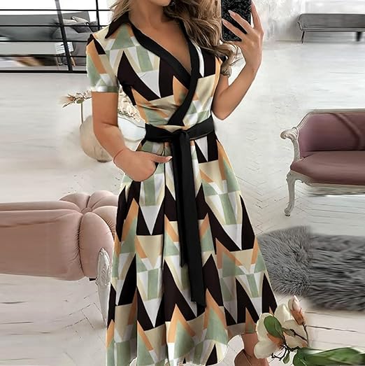 Women's Dress - V-Neck Wrap Design - Midi Length - Short Sleeves - Waist Belt