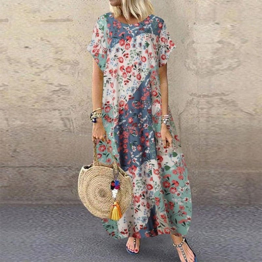 Women's Maxi Dress - Floral Pattern - Loose Fit - Short Sleeves - Light and Breathable
