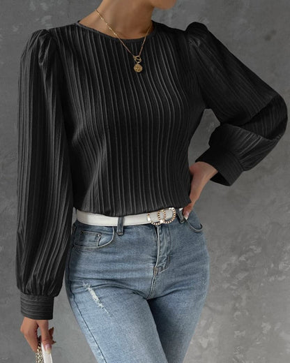Women's Blouse - Long Sleeved with Puff Sleeves - Textured Pleated Design - Round Neck