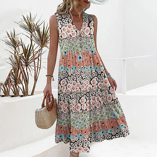 Women's Maxi Dress - Sleeveless V-Neck - Floral Pattern - Light and Breathable Fit