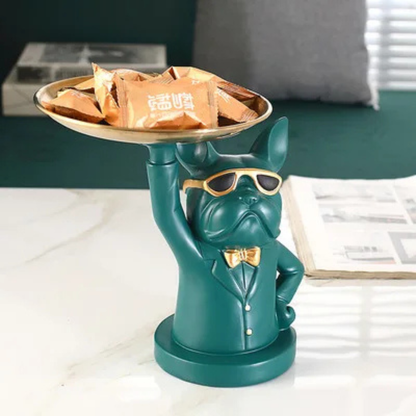 Contemporary Bulldog Figurine Tray with Gold Bow Tie