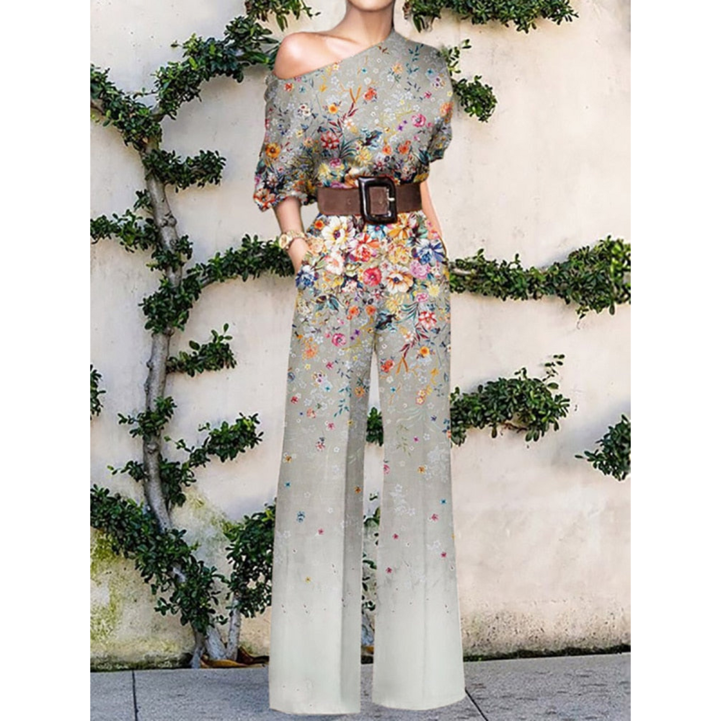 Women's Jumpsuit – One Shoulder – Butterfly Pattern – Loose Fit – Belt at Waist