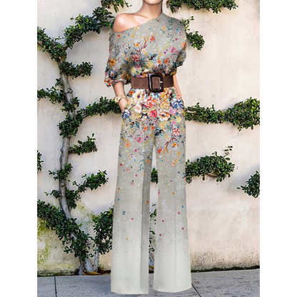 Women's Jumpsuit – One Shoulder – Butterfly Pattern – Loose Fit – Belt at Waist