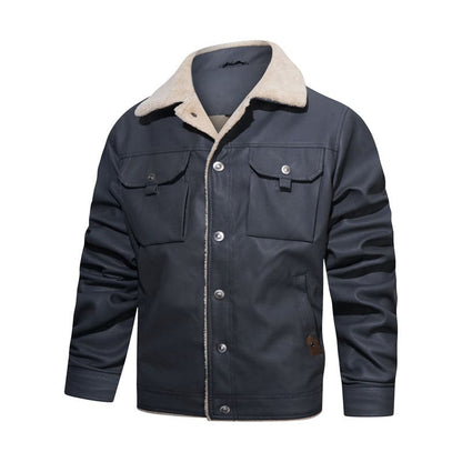 Men's Jacket - Sherpa Lined - Button Closure - Classic Collar - Casual & Warm