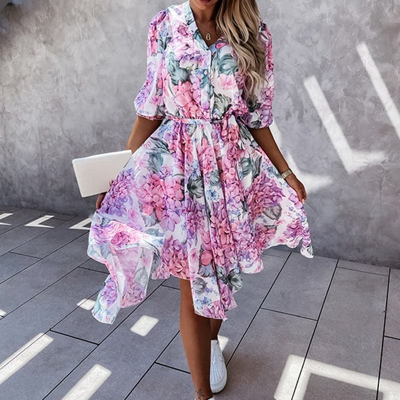Women's Midi Dress – Floral Print – V-Neck with Buttons – Elastic Waist – 3/4 Sleeves