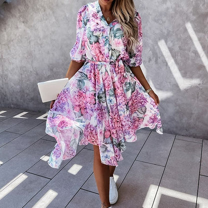 Women's Midi Dress – Floral Print – V-Neck with Buttons – Elastic Waist – 3/4 Sleeves