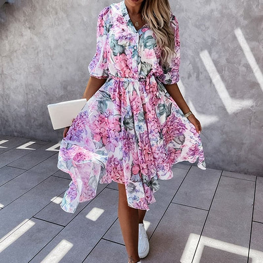 Women's Midi Dress – Floral Print – V-Neck with Buttons – Elastic Waist – 3/4 Sleeves