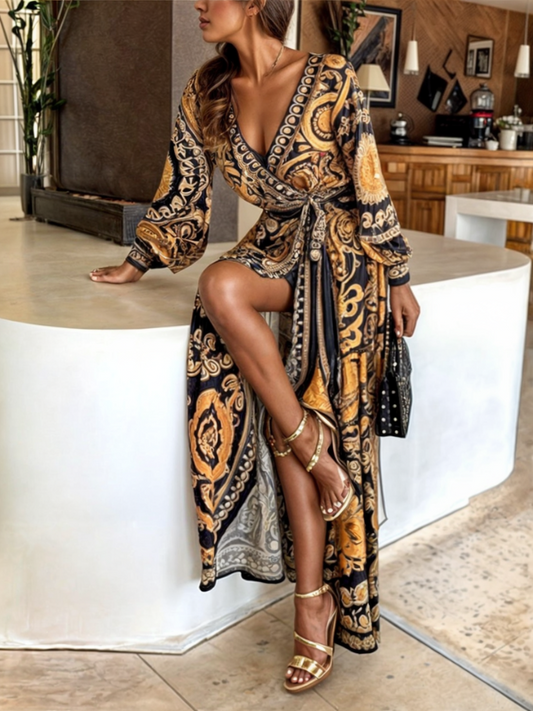 Women's Maxi Dress – Bohemian Print – Wrap Fit – High Slit – Lightweight Long Sleeves