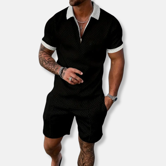 Men's Polo Set – Slim Fit – Breathable Texture – Zipper Closure – Casual Style