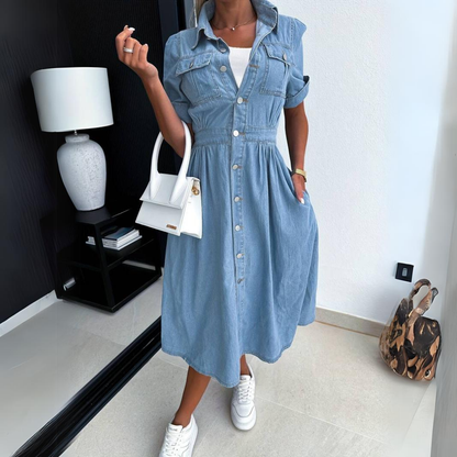 Women's Shirt Dress - Denim - Button Closure - Elastic Waist - Midi Length - With Pockets