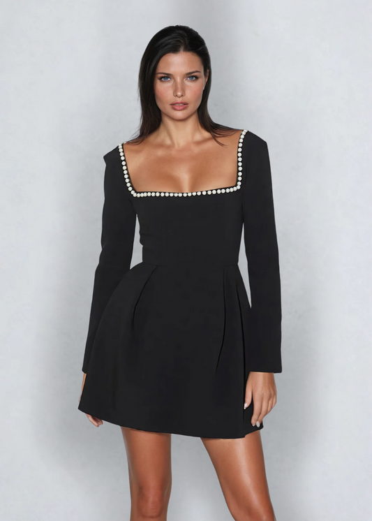 Women Dress - Square Neckline - Pearl Embellishment - Long-Sleeved Elegant Party Dress