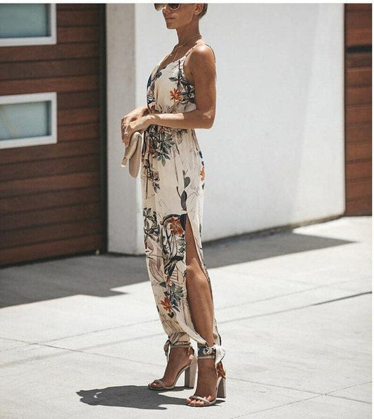 Women's Maxi Dress - Floral Print - Sleeveless with Spaghetti Straps - Loose Fit - High Slit