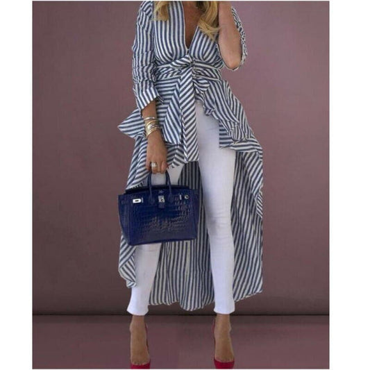 Women's Asymmetric Blouse - V-neck - Waist Tie - Striped Lightweight Design