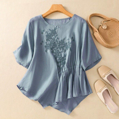 Relaxed Fit Embroidered Pleated Blouse for Women – Stylish Casual Comfort