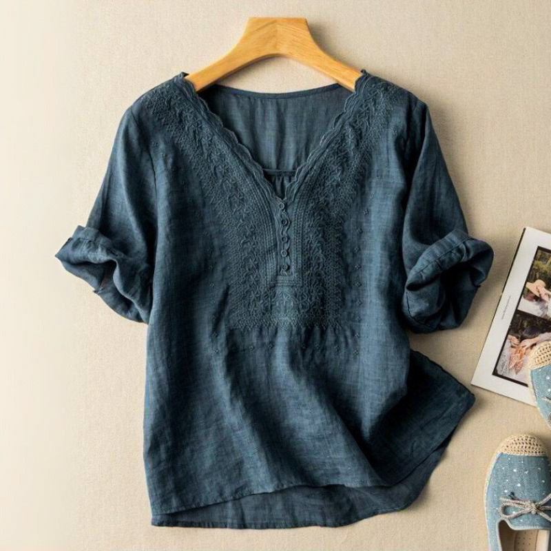 Relaxed Fit Embroidered V-Neck Blouse for Women – Effortless Everyday Elegance