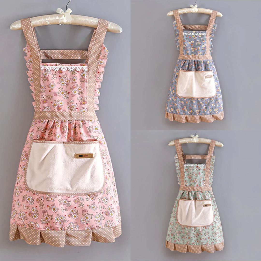 Vintage Floral Cotton Apron with Ruffle Trim