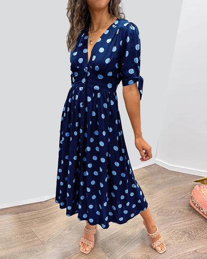 Women's Midi Dress - V-Neck - Tieable Half-Sleeves - Fitted A-Line - Elegant Polka Dot Pattern