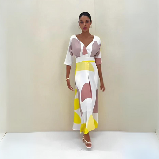 Women's Dress - V-Neck - 3/4 Sleeves - Fitted Waist - Light and Elegant Midi Length