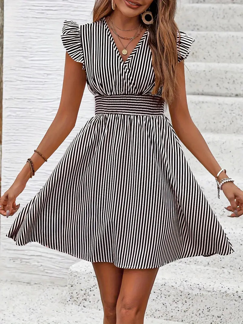 Women's Summer Dress - V-Neck - Ruffle Sleeves - Fitted Waist - Light and Breathable