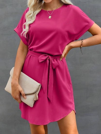 Women's Dress - Lightweight Fabric - Short Sleeves - Belt at the Waist - Relaxed Fit