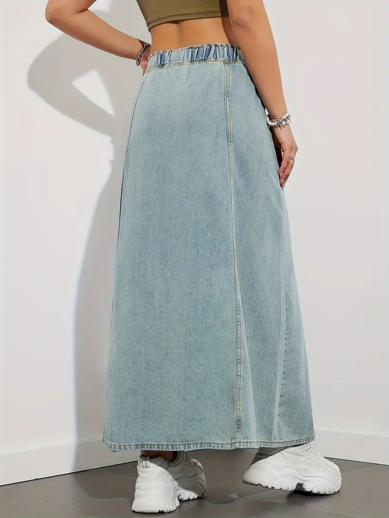 Women's Maxi Skirt - Denim - Elastic Waist with Drawstring - A-Line - Casual Look
