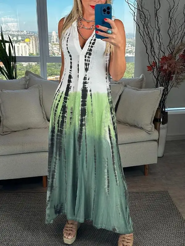 Women's Maxi Dress – Sleeveless – Color Block Design – Collar – Light and Breathable Fit