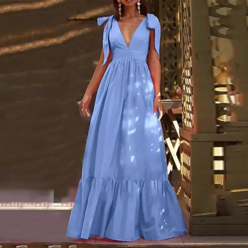 Women's Maxi Dress – Sleeveless – Deep V-Neck – Bow Straps – Elegant and Light