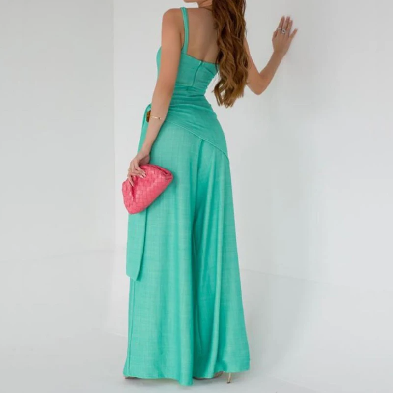 Women's Jumpsuit – Sleeveless – Adjustable Straps – Wide Leg – Waist Belt – Lightweight Material