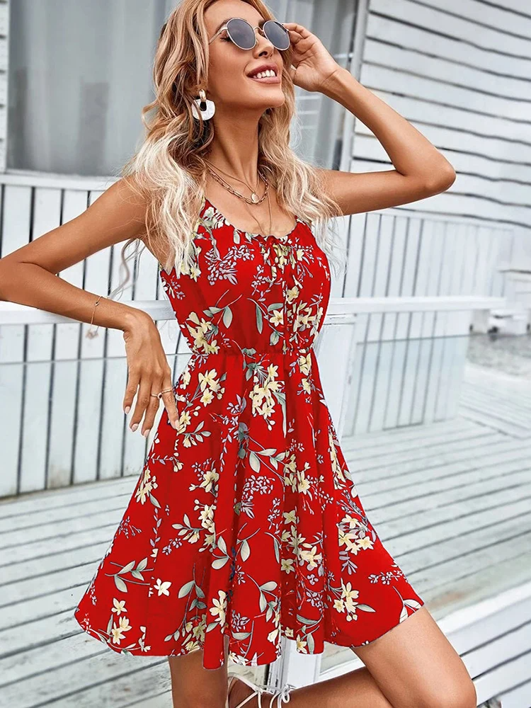 Women's Summer Dress – Sleeveless – Lightweight – Ruffle Hem – Fitted Waist – Floral Print
