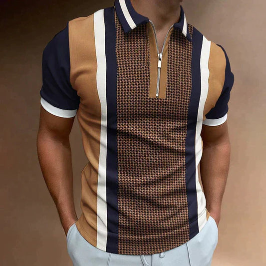 Men's Polo Shirt - Slim Fit - Half Zipper - Retro Pattern - Short Sleeved