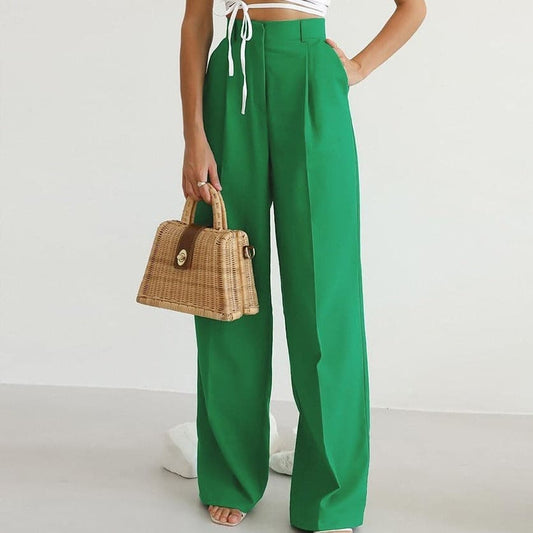 Women's Pants - High-Waisted Wide Leg - Elegant With Pleats - Flattering Fit