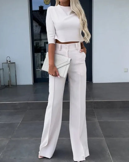 Women's Two-Piece Set - Cropped Top with Long Sleeves - High Waist Wide-Leg Pants