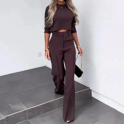 Women's Two-Piece Set - Cropped Top with Long Sleeves - High Waist Wide-Leg Pants