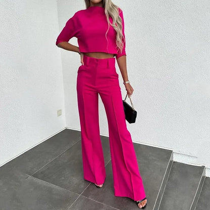 Women's Two-Piece Set - Cropped Top with Long Sleeves - High Waist Wide-Leg Pants