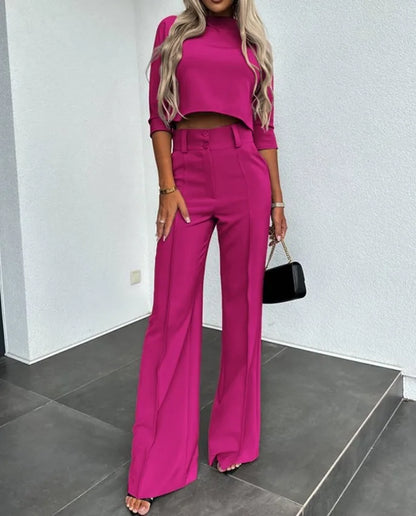 Women's Two-Piece Set - Cropped Top with Long Sleeves - High Waist Wide-Leg Pants