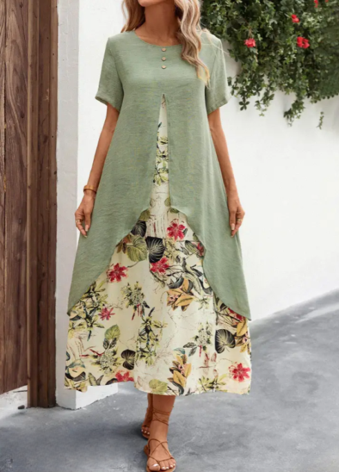 Women's Dress - Asymmetric Layer - Floral Maxi - Loose Fit - Short Sleeves