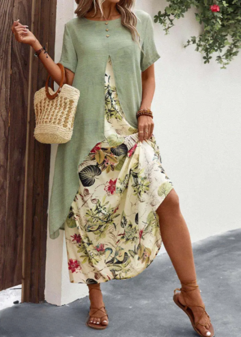 Women's Dress - Asymmetric Layer - Floral Maxi - Loose Fit - Short Sleeves