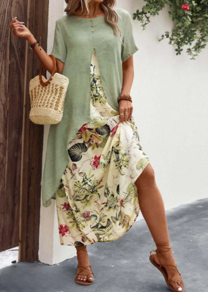 Women's Dress - Asymmetric Layer - Floral Maxi - Loose Fit - Short Sleeves