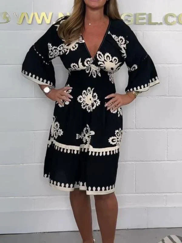 Women's Dress – V-neck – 3/4 Sleeves – Relaxed Fit – Patterned Design