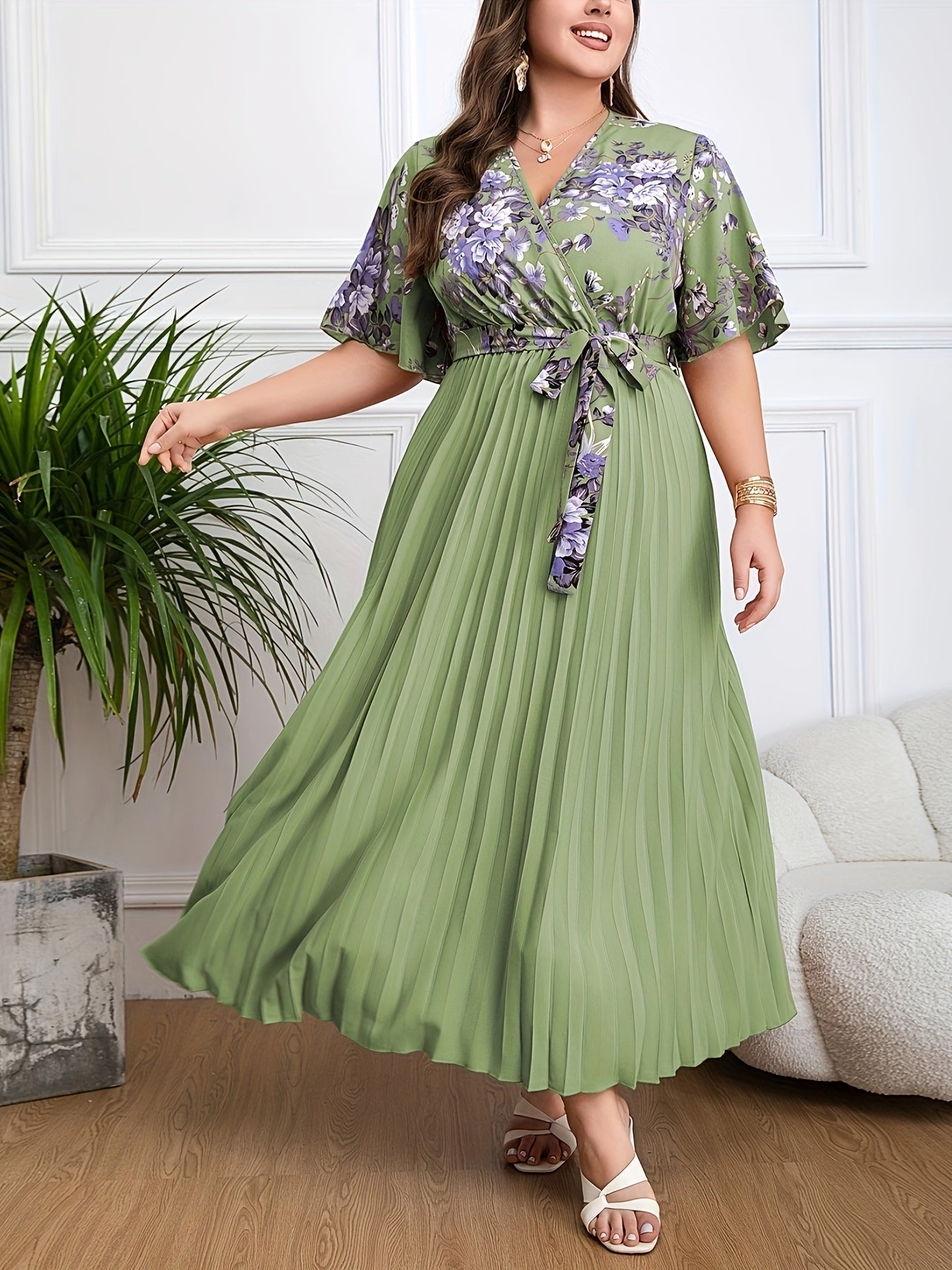 Women's Maxi Dress – V-Neck Wrap – Belted Waist – Short Sleeves – Pleated Skirt