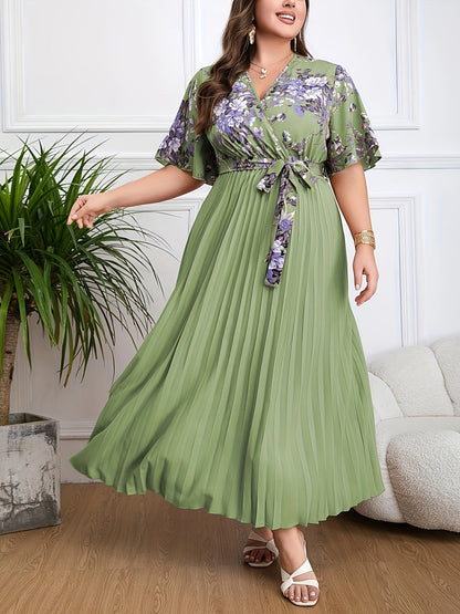 Women's Maxi Dress – V-Neck Wrap – Belted Waist – Short Sleeves – Pleated Skirt