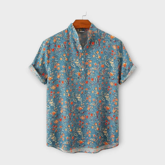 Men's Shirt - Short-Sleeved - Button Closure - Mandarin Collar - Floral Design