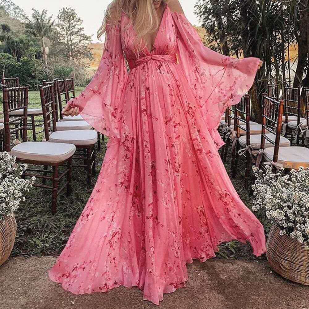 Women's Maxi Dress - V-Neck - Cold Shoulder - Light and Flowing Fit - Floral Pattern
